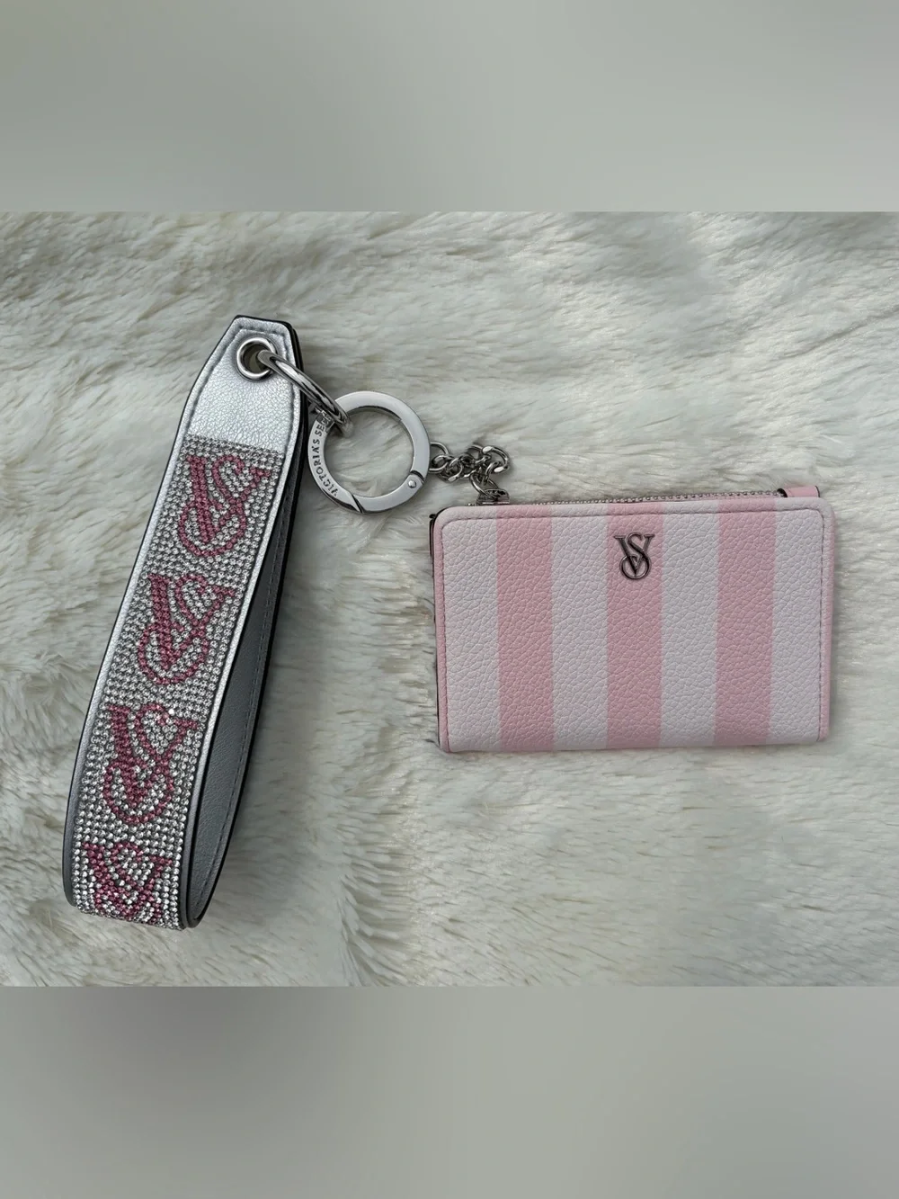 Victoria's Secret Pink & White Stripe Wallet + Rhinestone Wristlet Strap
